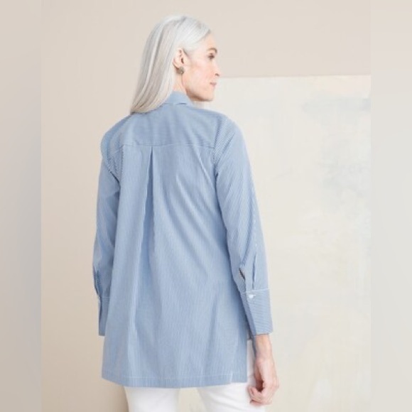 Chico’s blue & white tux ruffle tunic blouse Size 1 / M smedium - Picture 2 of 13